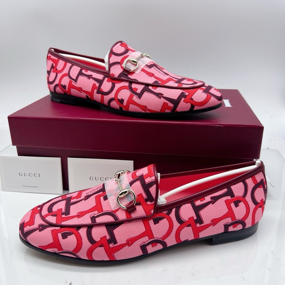 Gucci Jordaan Womens Horsebit Flat Loafer Pink Canvas LOGO EU 39 US 9 $990 - Picture 2 of 15